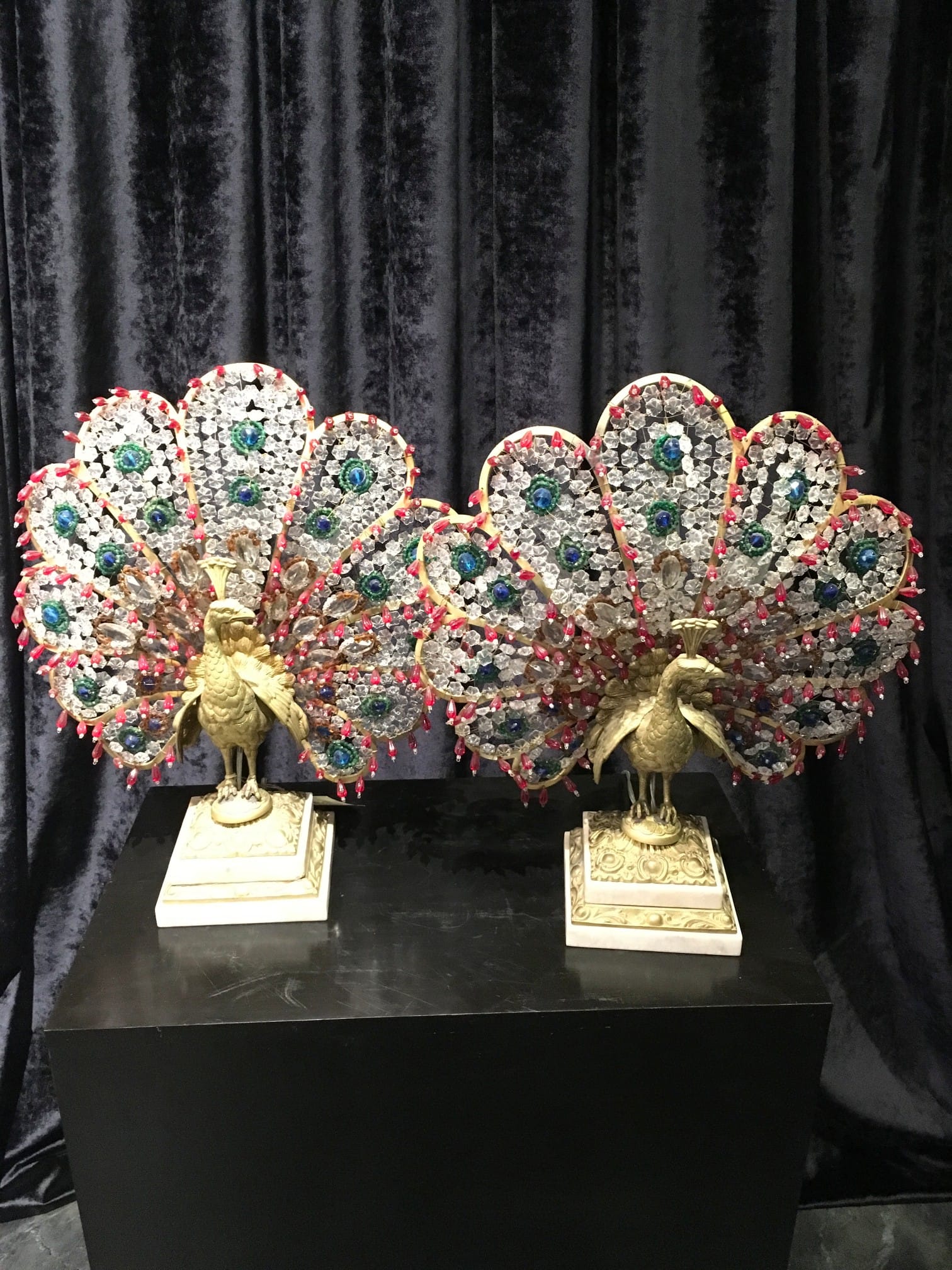 A Pair of Czech Slovakian Art Glass Beaded Peacock Lamp