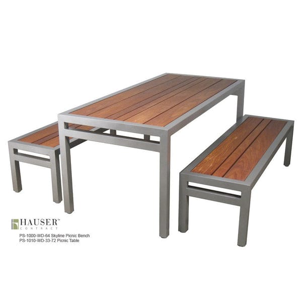 Skyline Picnic Table & Benches, Tropical Hardwood Slats-PS-1010-AL-WD3-33x72 Skyline Picnic Table & PS-1000-AL-64 Skyline Benches