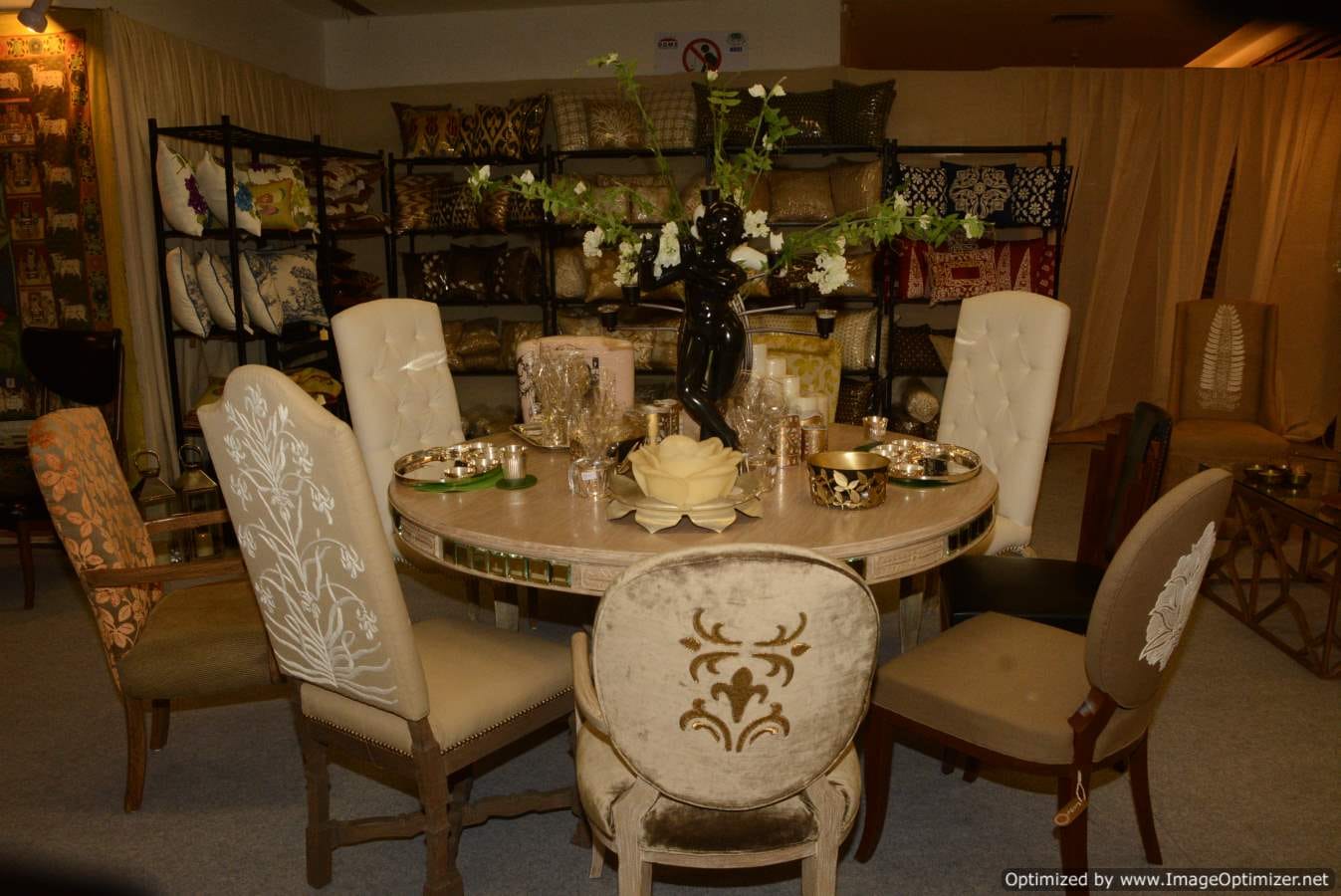 Round Mirror Table with Hand Embroidered Chairs