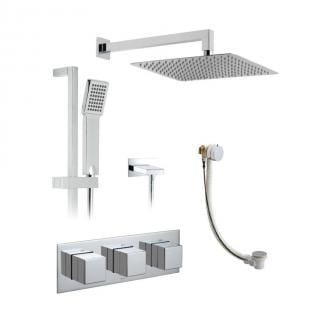 3 Outlet, 3 Handle Concealed Thermostatic Valve, Fixed Shower Head, Slide Rail Shower Kit And Bath Filler Waste