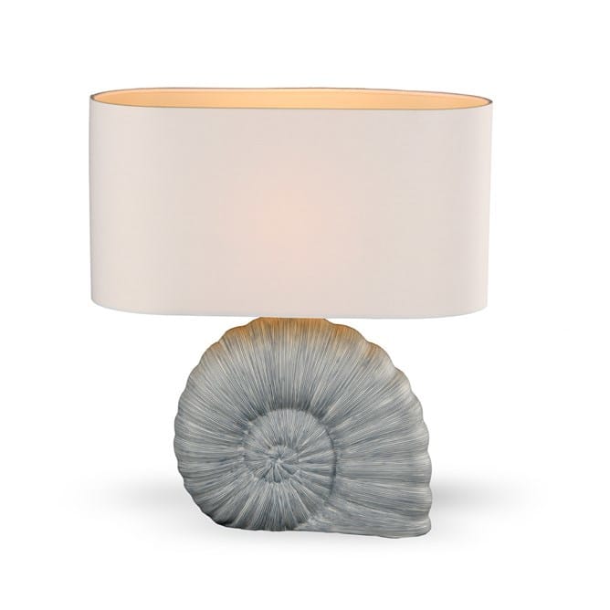 ceramic baby blue shell base with white linen shade