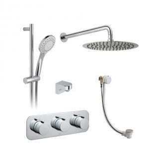 3 Outlet, 3 Handle Concealed Thermostatic Valve, Fixed Shower Head, Slide Rail Shower Kit And Bath Filler Waste