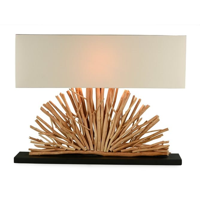 Table lamp fan shaped, natural driftwood with circular linen shade