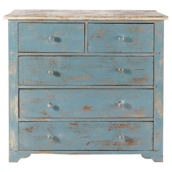 Solid Wood 5 Drawer Distressed Blue Chest