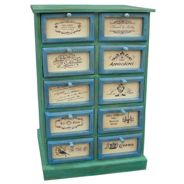 Solid Wood Vintage 10 Drawer Chest (Green)