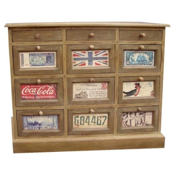 Solid Wood Vintage 12 Drawer Chest (Light Coffee)