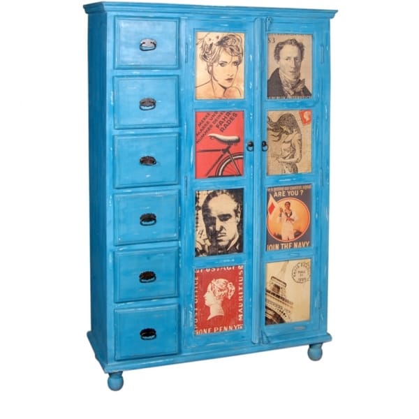 Solid Wood Distress Blue 6 Drawer Cupboard India