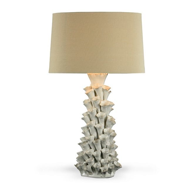ceramic white narrowtextured conical base with oversized brown linen shade