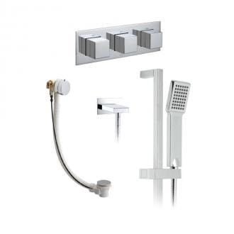 2 Outlet, 3 Handle Concealed Thermostatic Shower Valve, Slide Rail Shower Kit And Bath Filler Waste