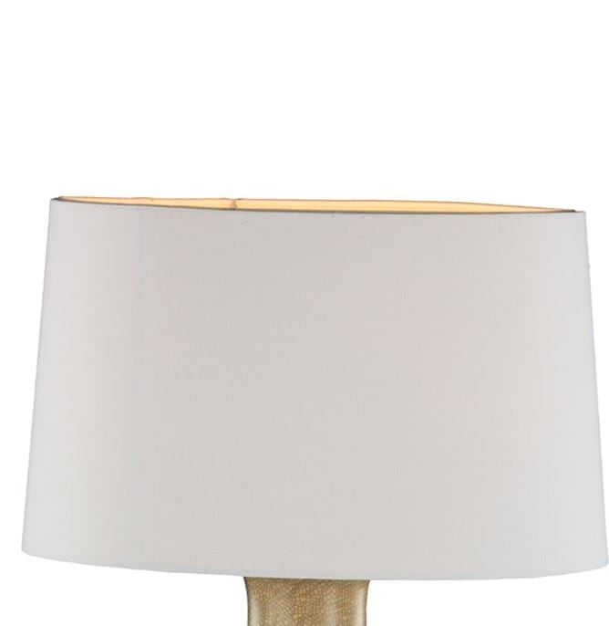Table lamp ceramic pitcher base with blue motif and natural coloured linen shade